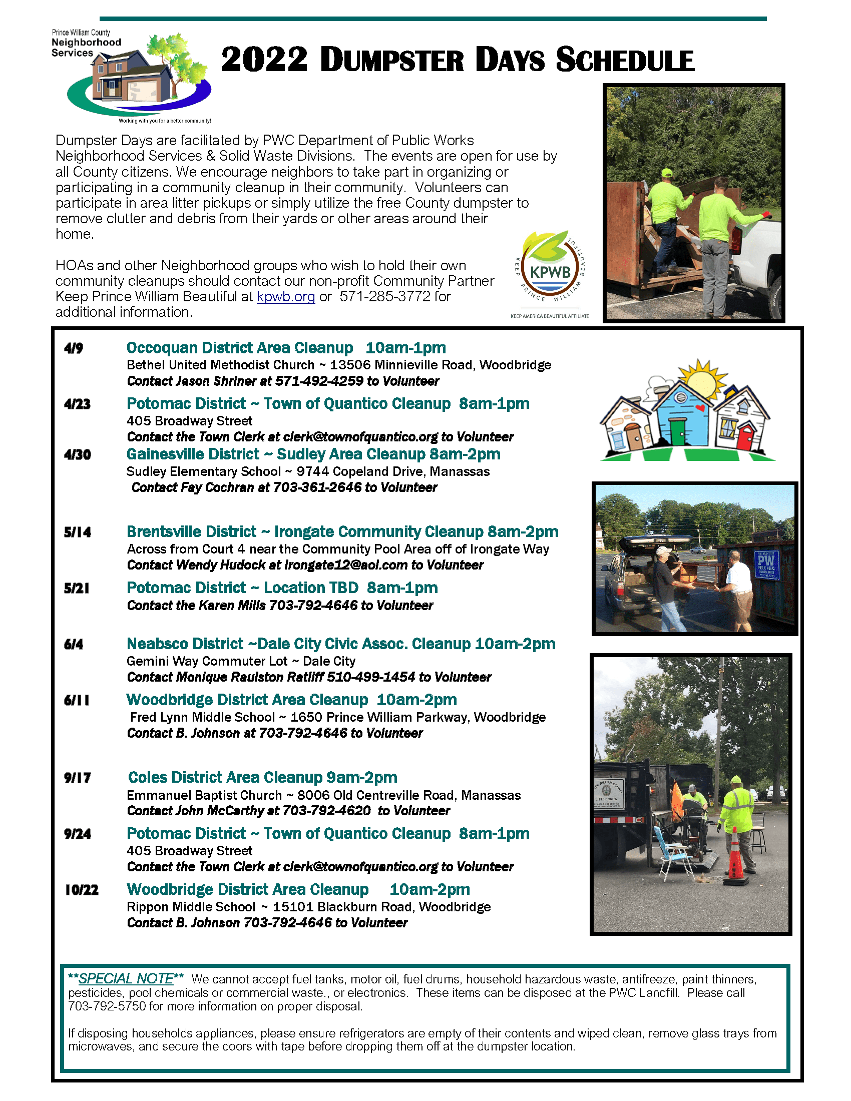 Dumpster Days Schedule 2022 FINAL 1 - 2022 DUMPSTER DAYS: Woodbridge District Area Cleanup